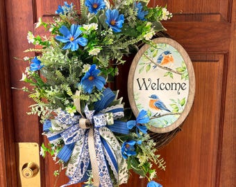 Bluebird Welcome Wreath for Front Door, Spring Summer Grapevine Cottagecore Decor