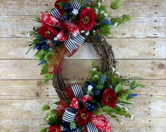 Patriotic Summer Wreath for Front Door, Red Poppy and Blue Hyacinth Memorial Day Wreath, 4th of July Wreath, Summer Red, White, and Blue