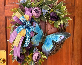Butterfly Peony Wreath, Grapevine Spring Summer Front Door Decor