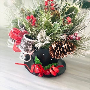 Winter Snowman Top Hat Centerpiece for Table, Snowman Collector’s Floral Arrangement, Let it Snow Red Berry Holiday Decor