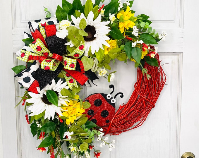 Spring Summer Floral Grapevine Wreath for Front Door, Sunflower Ladybug ...