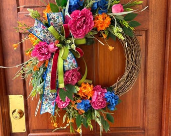 Spring Summer Hot Pink Peony Wreath, Hydrangea Garden Wreath, Front Door Decor