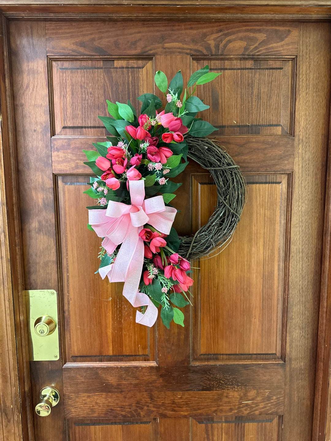 Spring Tulip Grapevine Wreath, Pink Floral Front Door Decor - Etsy