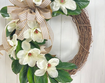 Magnolia Grapevine Wreath, Everyday Farmhouse Decor, Front Porch Decoration, Mother’s Day Gift