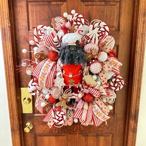 XXL Santa Clause Christmas Wreath for Front Door, African American Santa Holiday Wreath, Gingerbread Deco Mesh Whimsical Wall Decor