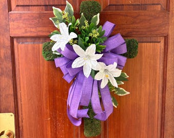 Moss Easter Cross Wreath, Lily & Purple Bow, Religious Door Hanger
