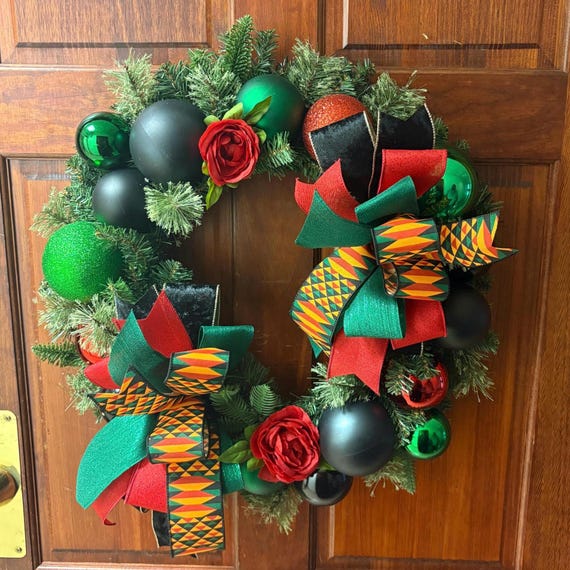 Kwanzaa Wreath for Front Door, Red Ranunculus Black History Month