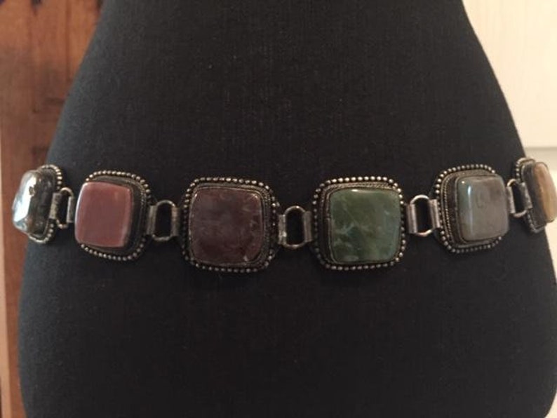 Vintage Multi Colored Stone Cabochon Silver Base Belt Unique Silver Tone Agate Stone Belt Jean Belt Bohemian Gypsy Hip Belt