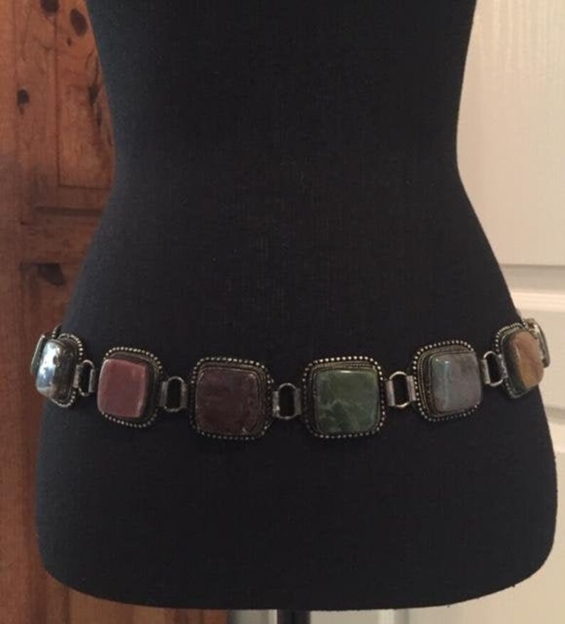 Vintage Multi Colored Stone Cabochon Silver Base Belt Unique Silver Tone Agate Stone Belt Jean Belt Bohemian Gypsy Hip Belt