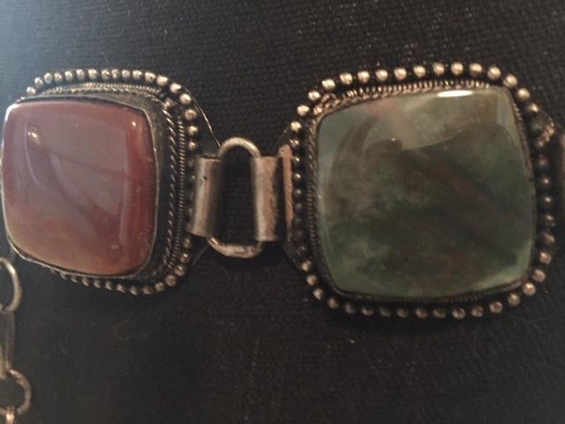Vintage Multi Colored Stone Cabochon Silver Base Belt Unique Silver Tone Agate Stone Belt Jean Belt Bohemian Gypsy Hip Belt