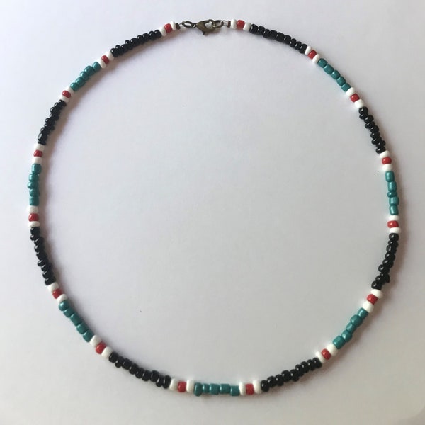 Native American Inspired Seed Bead Choker, Black, Turquoise, Red and White, Southwest