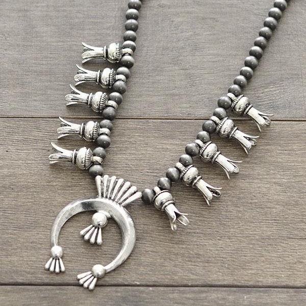 Silver Crown Pendent Squash Blossom Necklace  Beaded Chain, Southwest, Western, Bohemian, Long Necklace