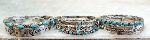 Turquoise & Silver Stretch Bracelet, Oval Stones,… - image 3