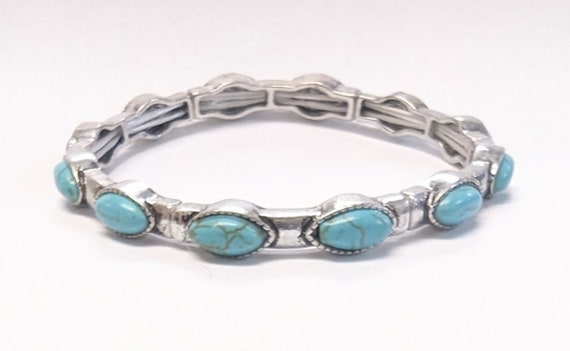 Turquoise & Silver Stretch Bracelet, Oval Stones,… - image 1