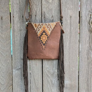 Braune Leder und Teppich Myra Tasche, Lederfransen, Schulter oder Umhängetasche, Satteltasche, Western, Cowboys, Cowgirls und Hippies, Unisex, 5208