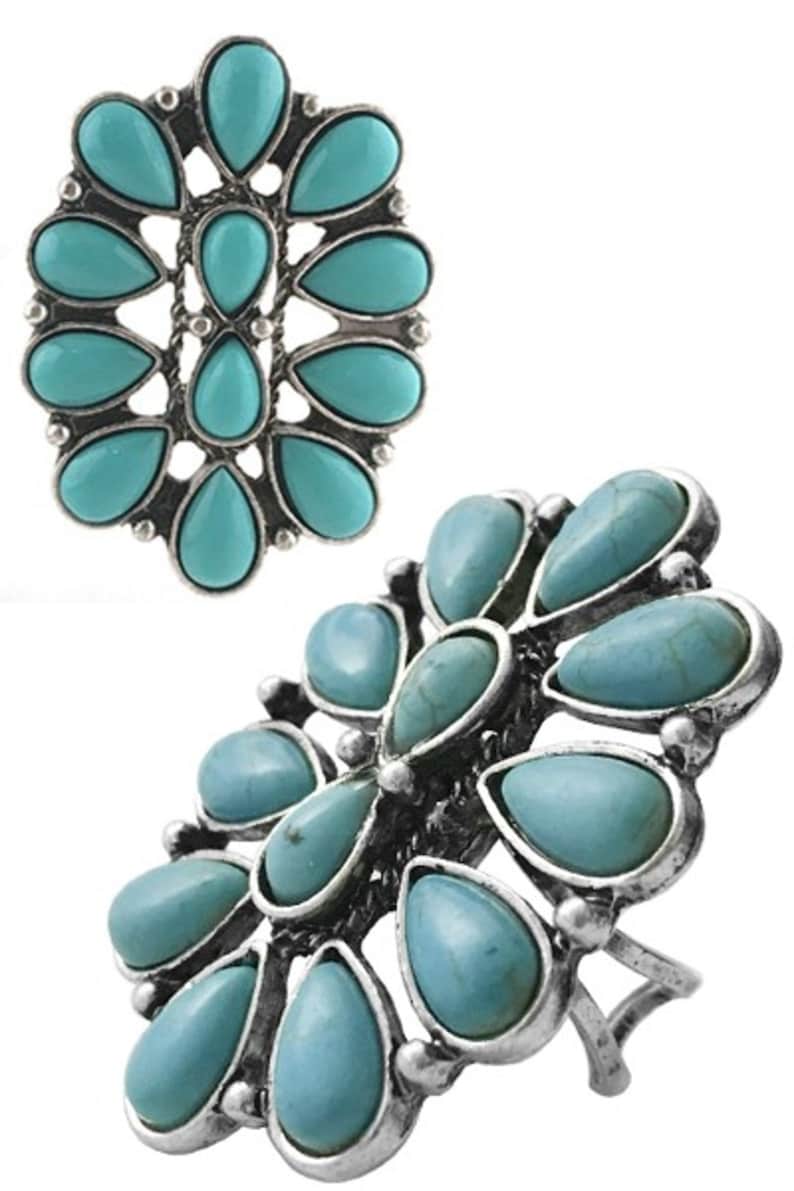 Oval Turquoise and Silver Statement Ring Summer Blue Double Teardrop Center