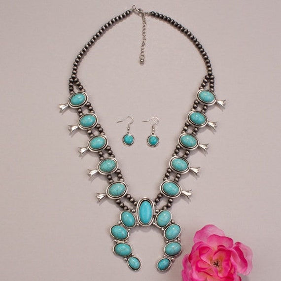 Long Turquoise and Silver Squash Blossom Necklace and Earrings Set