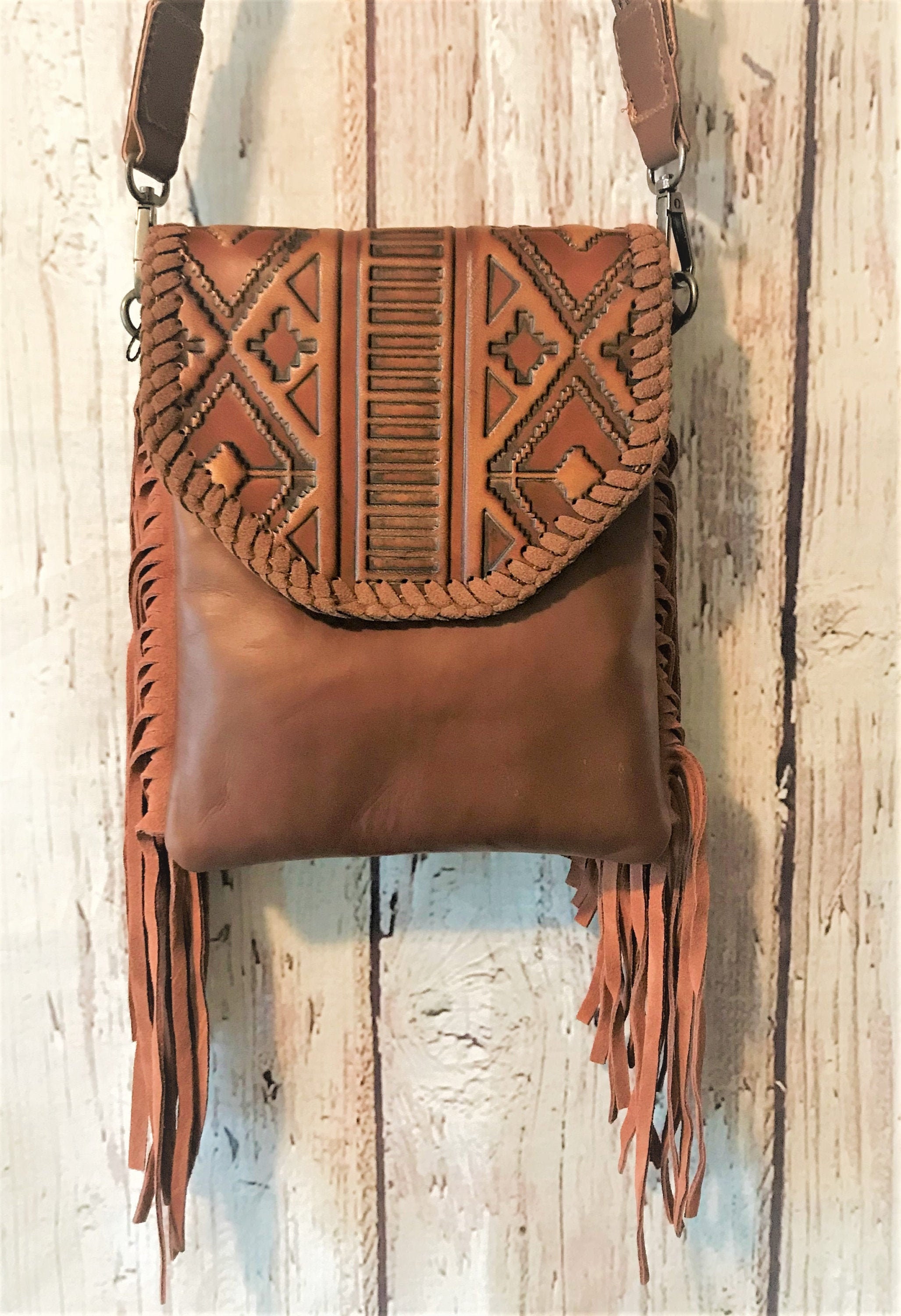 Montana West Leather Purse Tooled with Aztec Design Fringe Etsy
