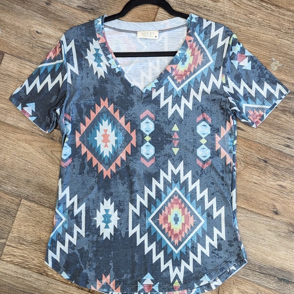 Charcoal Aztec V-neck Curved Hem Top, Western, Tribal, Southwest