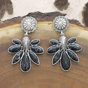 Black Turquoise Flower Earrings, Dangle from Post, 1 1/2" Long, Flower, Bohemian, Western