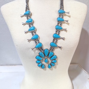 Turquoise and Silver Full Squash Blossom Classic Necklace, Western, Southwest, Rodeo, Cowgirl, Medium Length, Stone, American,