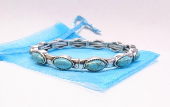 Turquoise & Silver Stretch Bracelet, Oval Stones,… - image 2