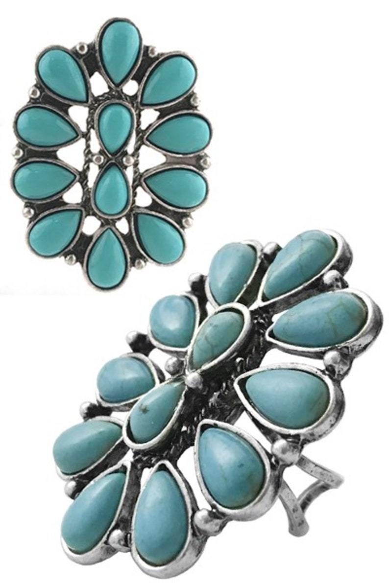 Oval Turquoise and Silver Statement Ring Summer Blue Double Teardrop Center