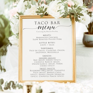 Taco Bar Menu Sign, Taco Bar Menu, Taco Bar Printables, Taco Bar Sign, Party Taco bar, Baby Shower Taco Bar Sign, Taco Menu, 100% Editable