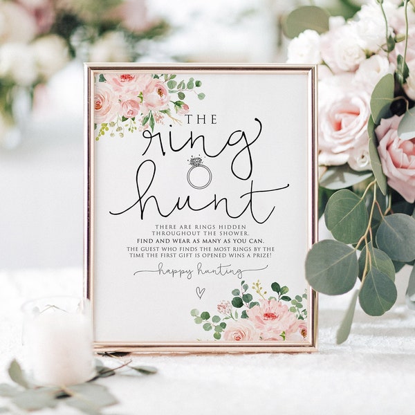 Floral Ring Hunt Bridal Shower Game, Blush Pink Ring Hunt Game, Find The Ring Game, The Ring Hunt Sign, Instant Download, Editable, Templett