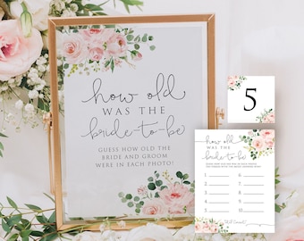 Blush Pink Floral How Old Was the Bride, Guess the Bride's Age Game, How Old Was the Bride To Be, Modern Bridal Shower Game, Guess How Old