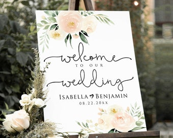 6 Sizes Floral Wedding Welcome Sign Template, Printable Welcome Sign, Editable Welcome Sign, Simple Welcome Sign, Nautical Blush Floral,Gold