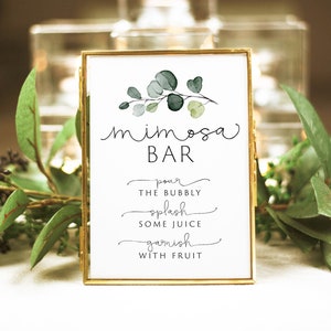 Mimosa Bar Sign, EDITABLE Template, Greenery Eucalyptus Mimosa Bar Sign, Baby Shower Mom-osa Bar Sign,Bridal Brunch Mimosa Bar Sign,Templett