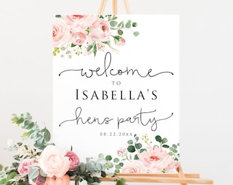 6 Sizes Hens Party Welcome Sign, Hen Party Welcome Sign, Hens Night Welcome Sign, Blush Floral Bridal Shower Welcome Sign, Instant Download