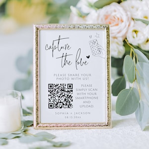 Capture el letrero del código QR del amor, comparta el letrero del código QR del amor, el letrero de la mesa de recepción de bodas, el letrero del código QR para la boda, el letrero de la foto de la boda