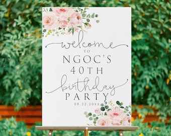 Blush Pink Floral Birthday Party Welcome Sign, Birthday Welcome Sign Printable, Birthday Welcome Template, Any Age, Women Birthday Sign