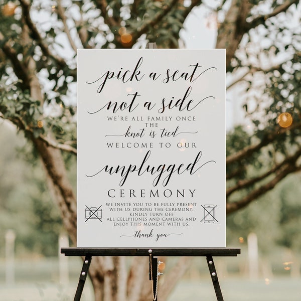 5 Sizes Unplugged Ceremony Sign, Unplugged Wedding Sign, Unplugged Ceremony Poster, Pick A Seat Not A Side Wedding Sign, INSTANT DOWNLOAD