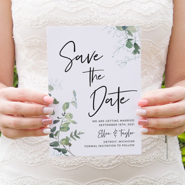 Eucalyptus Save The Date Template, Save The Date Cards, Printable Save The Date, Greenery Save Our Date Card Printable, 100% Editable