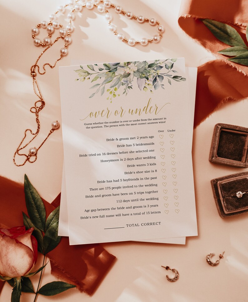 Over or Under Bridal Shower Game Over or Under Game Bridal Etsy