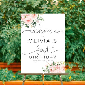 Floral Birthday Welcome Sign Template, 1st-10th Birthday Welcome Sign, Floral Welcome Sign, Girl Welcome Sign, Blush Pink, Instant Download