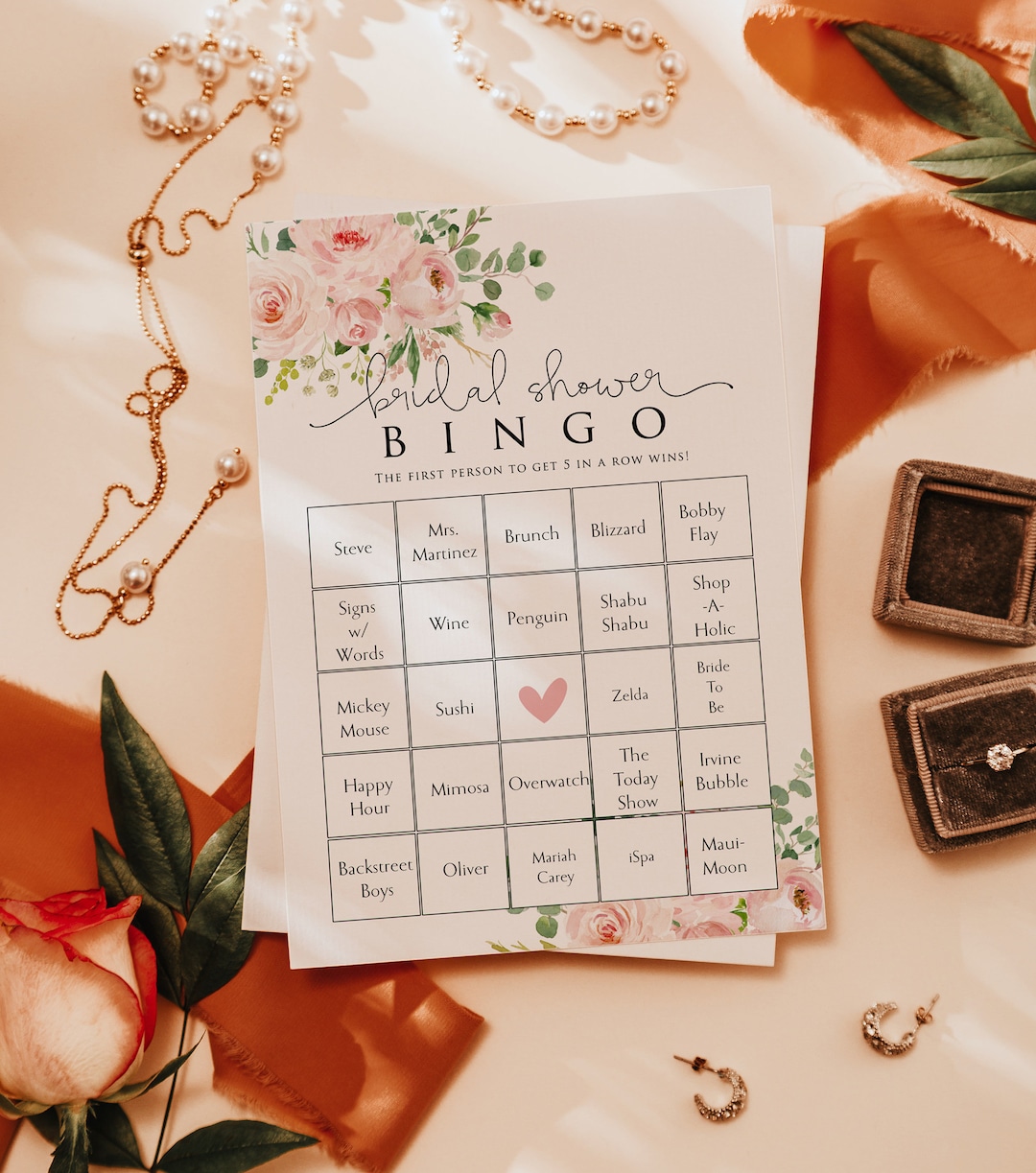 Printable Bridal Shower Game Card, Bridal Shower Bingo Card, Blush Floral Bridal Shower Game ...