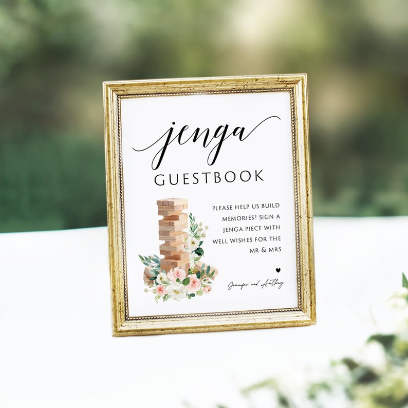 Wedding Jenga Guestbook Sign, Printable Jenga Guestbook Sign Template, 5x7, 8x10, Jenga Guest Book Sign, Wedding Sign, Edit with TEMPLETT image 2