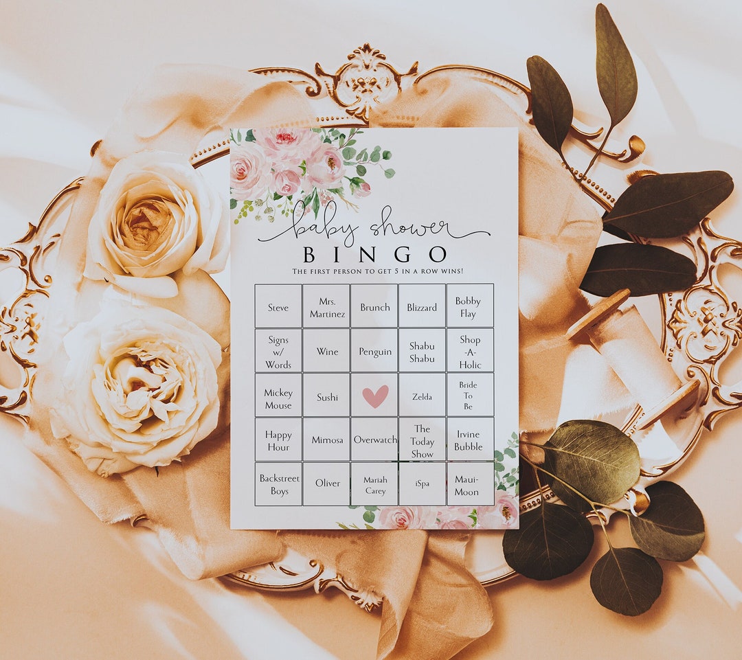 Blush Floral Baby Shower Bingo Game Card, Baby Shower Bingo Card