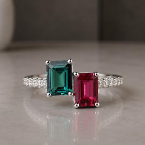 Toi et Moi Ring, Emerald Cut Red & Green Stone Ring, Two Stone Ring, Alexandrite and Ruby Ring, 14k Gold Promise Ring, Unique Gift for Her