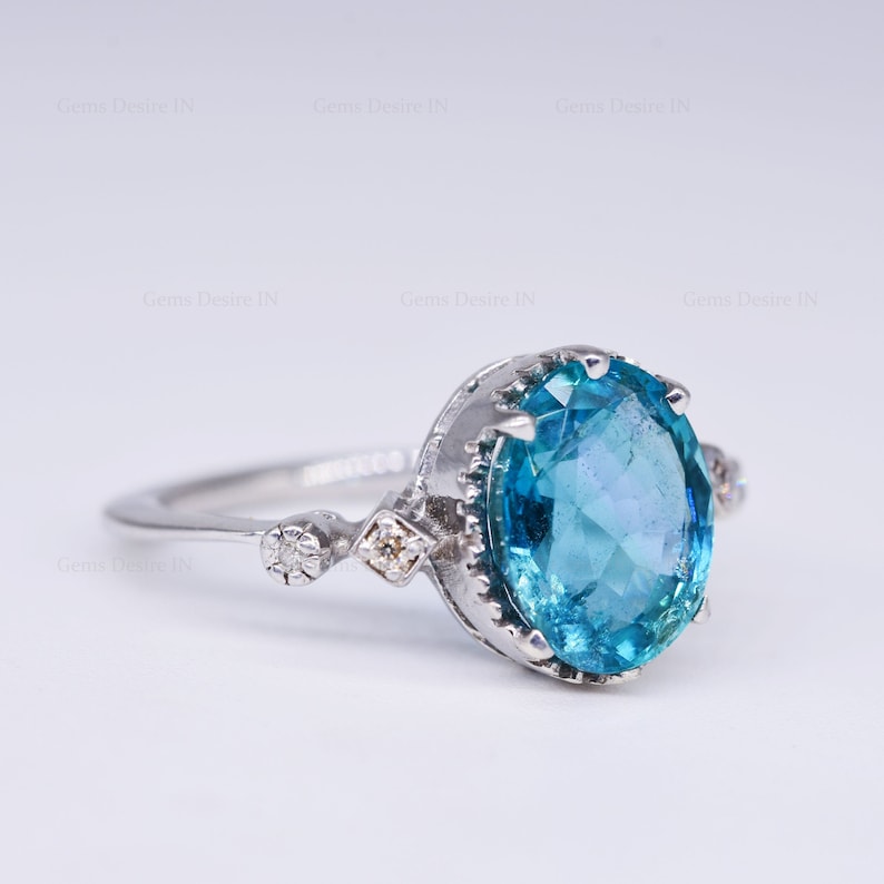 apatite and diamond ring oval cut 925 sterling silver ring March Birthstone Engagement Ring Promise ring fashion Ring