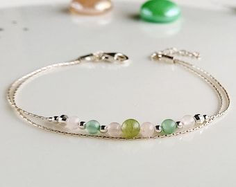 Green aventurine rose quartz silver bracelet,layered bracelet,stackable crystal bracelets for women,gem stones bracelet,healing jewellery