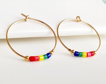 Gold rainbow hoop earrings for woman,colorful earrings,dainty gold filled gift for women,delicate crystal boho jewelry,gay pride earings