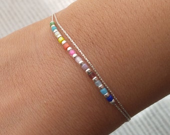 Rainbow miyuki bracelet for women 925 sterling silver,extra thin delicate colorful woman strands bracelet,pride layer colored beach anklet