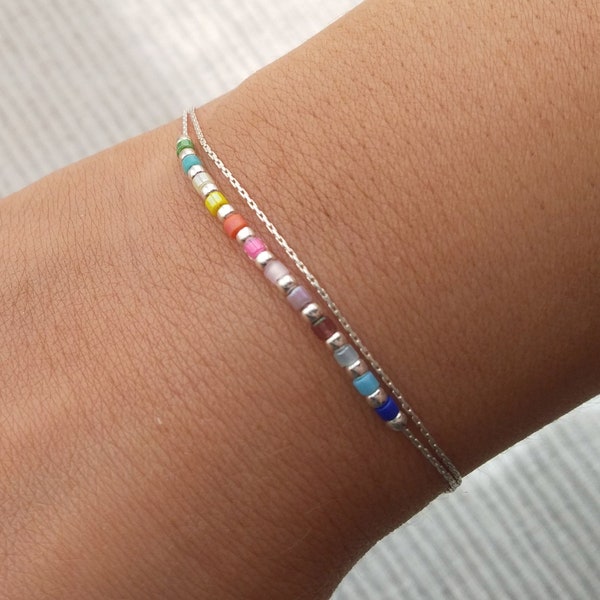 Bracelet miyuki arc-en-ciel pour femme en argent sterling 925, bracelet pour femme extra fin, délicat et coloré, chaîne de cheville de plage colorée