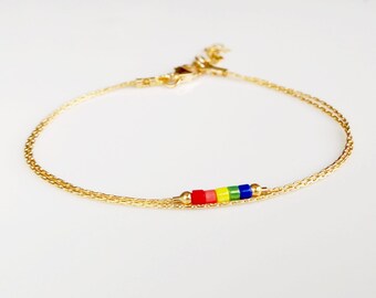 Gold filled rainbow miyuki stranded colorful women bracelet,extra thin delicate woman ankle bracelet,pride layered bracelet,lgtbqi+ anklet