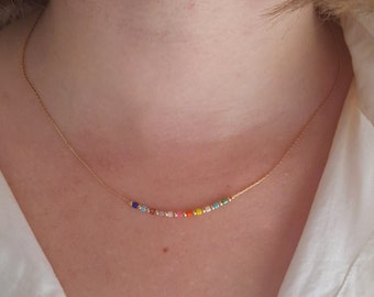 Rainbow miyuki necklace gold filled,minimal delicate necklace,dainty ombre gradient necklace,colorful chromatic beaded boho crystal necklace